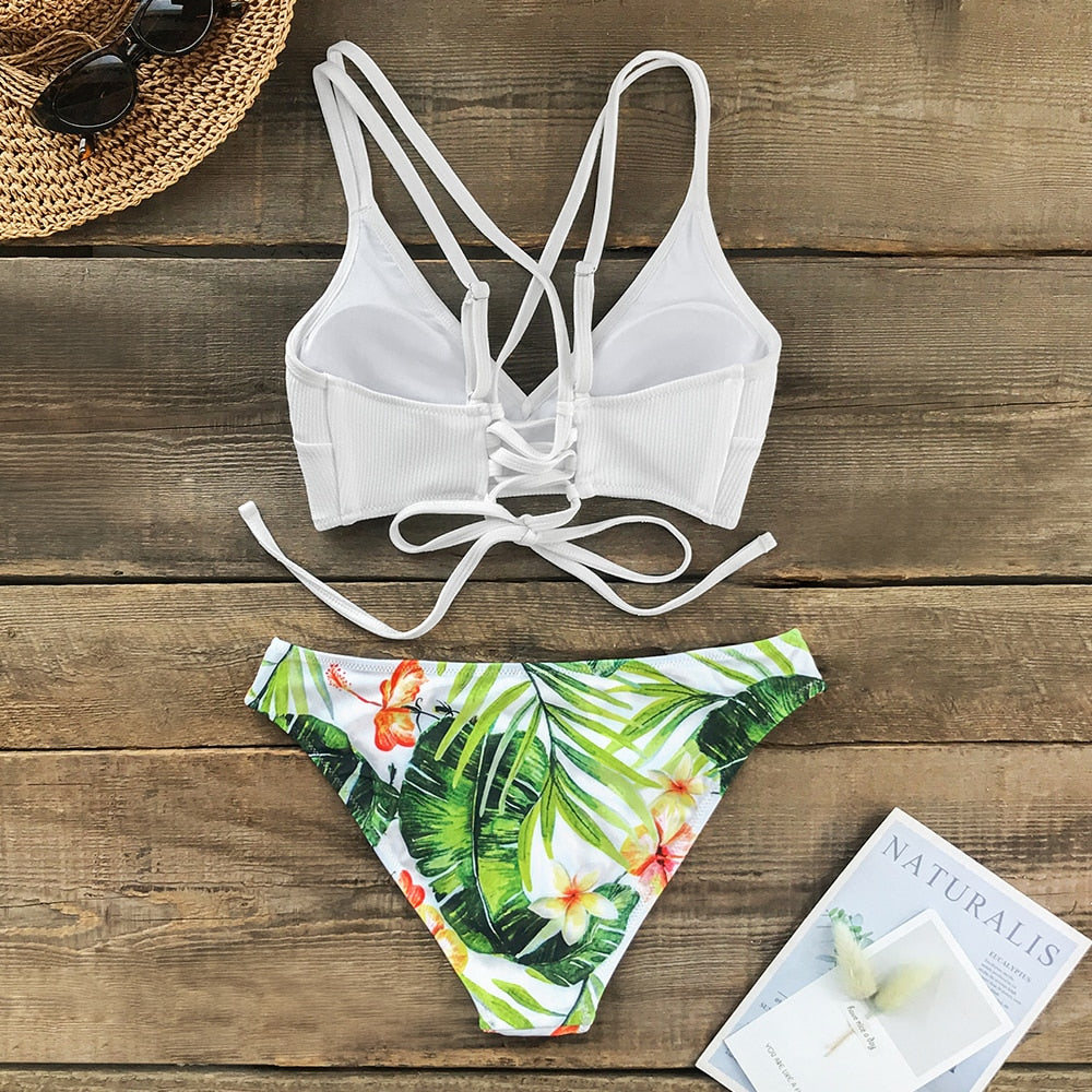 White and Green Leaf Print Low-waist Bikini Sets Lace Up Swimsuit Two Piece Swimwear Beach Bathing Suit The Clothing Company Sydney