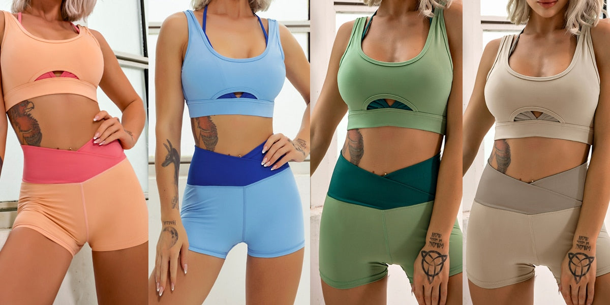 Layered Look Long Sleeve Yoga Crop Top Wrap V Waist Leggings Layered Cut Out Sports Bra Contrast Waist Shorts The Clothing Company Sydney