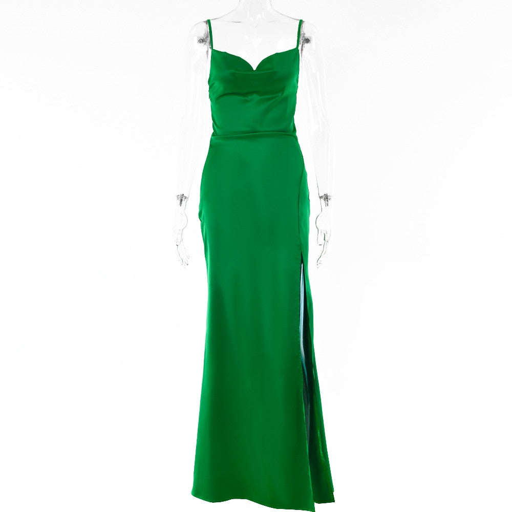 Silky Satin Elegant Slit Maxi Dress Backless Straps Gown Club Party Long Dresses The Clothing Company Sydney