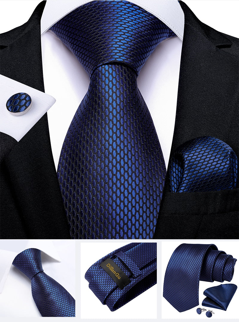 Classic 100% Silk Men's Ties 8cm Blue Plaid Dot Striped Business Necktie Handkerchief Wedding Party Tie Set The Clothing Company Sydney