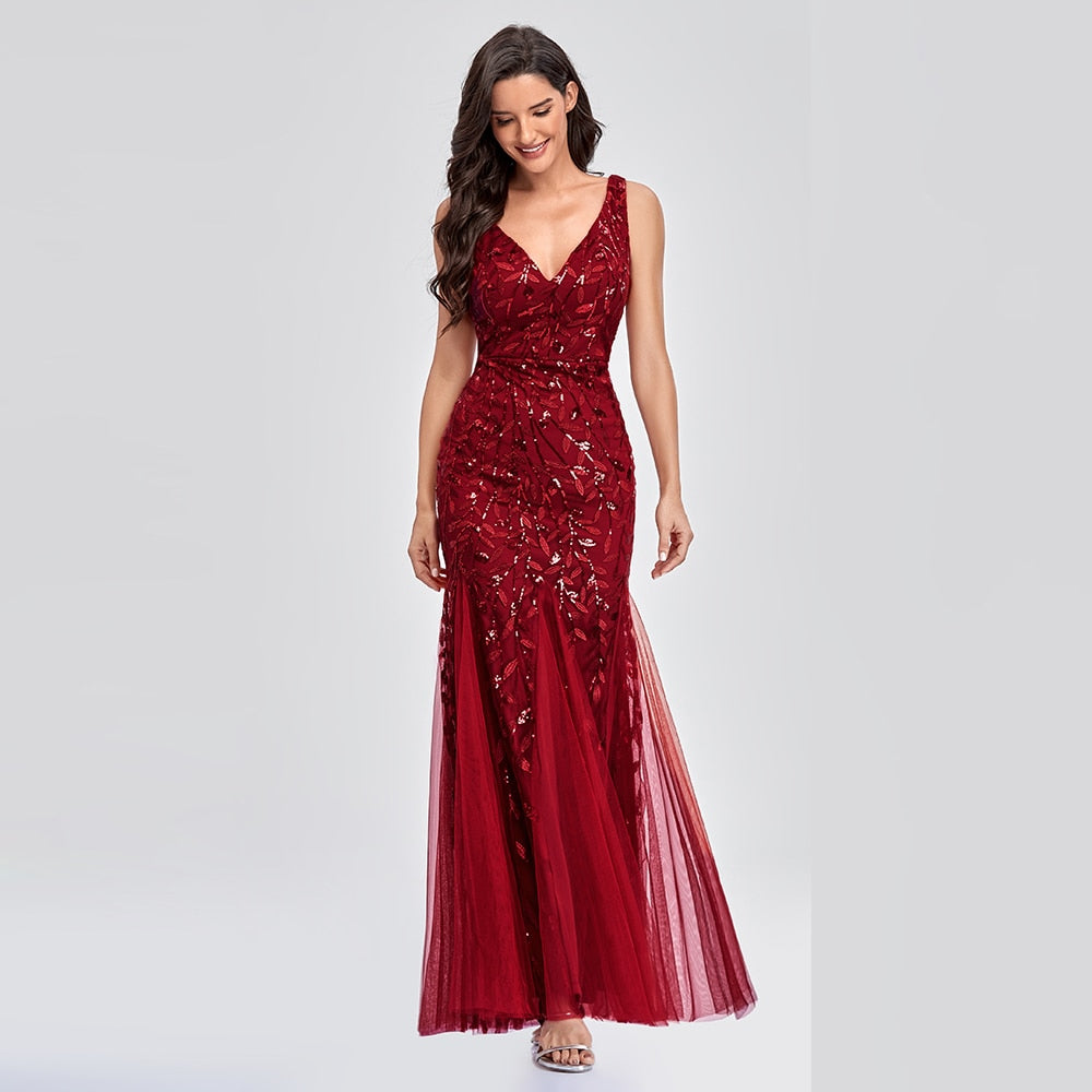 Sleeveless V-neck Tulle Sequins Cocktail V-back Mermaid Party Prom Gown Formal Occasion Embroidered Formal Dress The Clothing Company Sydney