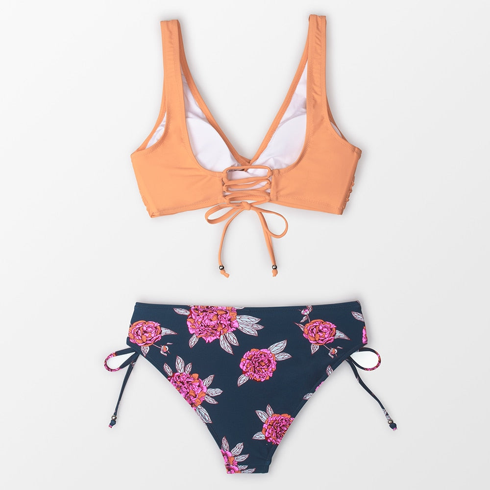 Yellow And Lemon Print Mid-Waist Bikini Sets Swimsuit Lace Up Two Pieces Swimwear Beach Bathing Suits The Clothing Company Sydney