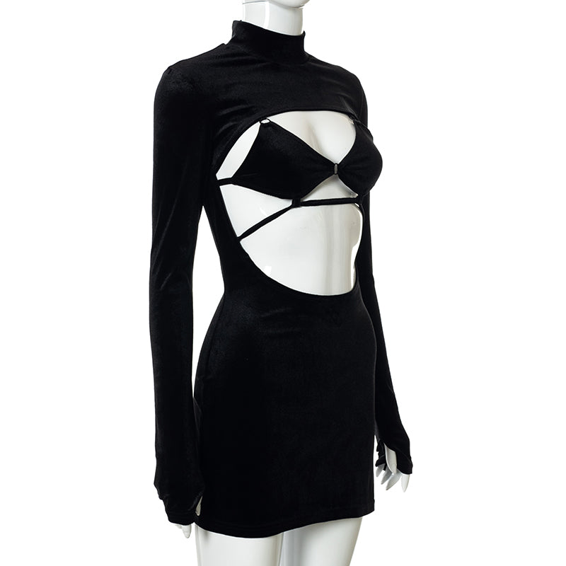 Two Piece Set Women Turtleneck Cut Out Long Sleeve Split Mini Dress+Bandage Lace Up Bra Autumn Goth Y2K Outfit The Clothing Company Sydney