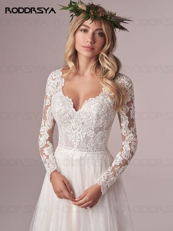 A Line Long Sleeves Wedding Dresses Lace Bridal Gowns Tulle Ivory Open Back Wedding Dress The Clothing Company Sydney