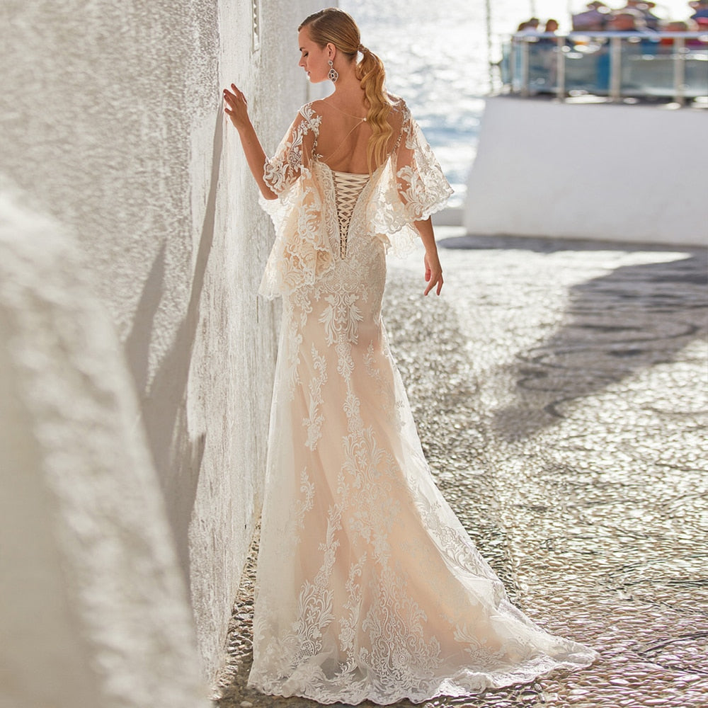 Charming Mermaid Wedding Sheer Neck Lace Bridal Gown with Flare Sleeves Custom Made Champagne Bride Dress The Clothing Company Sydney