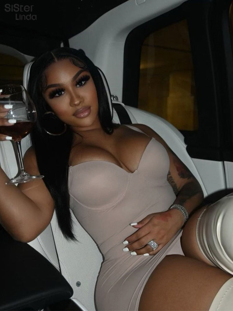 Casual Mesh Bodycon Mini Dress Women Romper  Sleeveless Skinny Stretchy Deep V Neck Party Clubwear Trend Outfit The Clothing Company Sydney