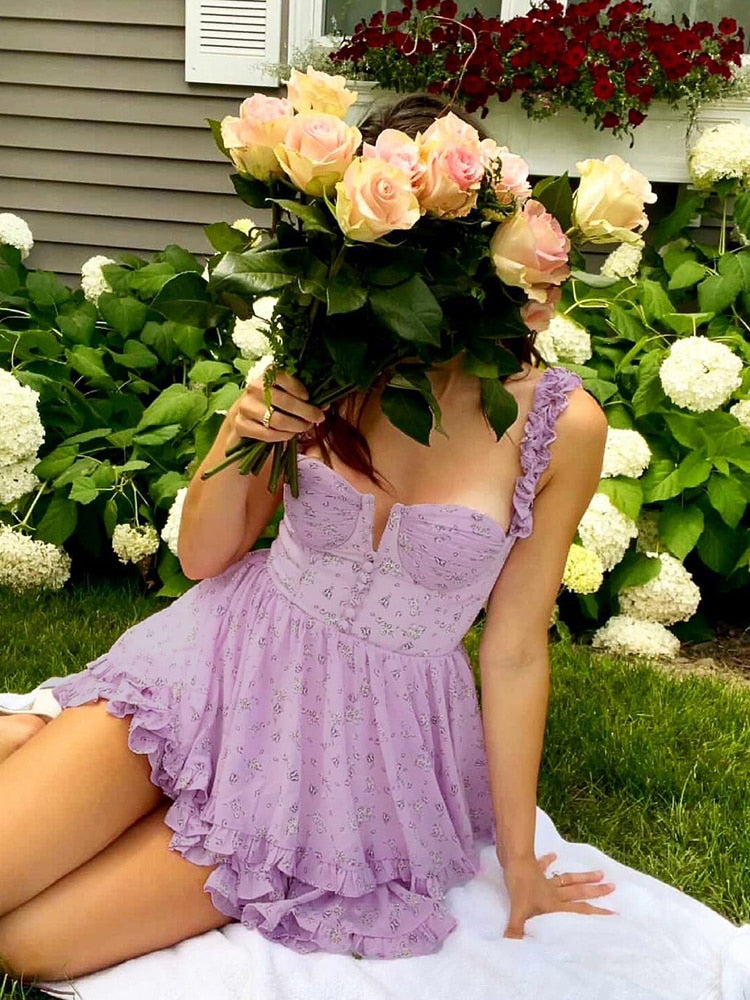 Ruffle Mini Dresses Floral Print Purple Button Sleeveless Y2K Women Casual Fashion Elegant Party Dresses The Clothing Company Sydney