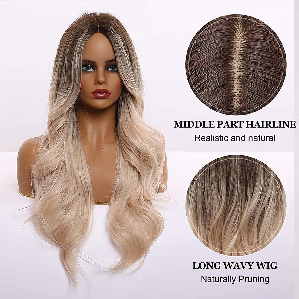 Ombre Brown Light Blonde Platinum Long Wavy Middle Part Hair Wig Cosplay Natural Heat Resistant Synthetic Wig for Women The Clothing Company Sydney