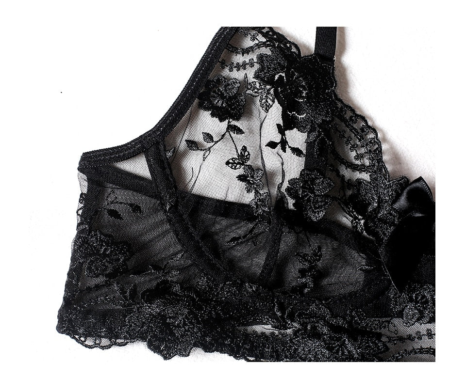 Floral Embroidery Thin Transparent Bralette Lace Push Up Bra Garters 3 Piece Sensual Lingerie Set The Clothing Company Sydney