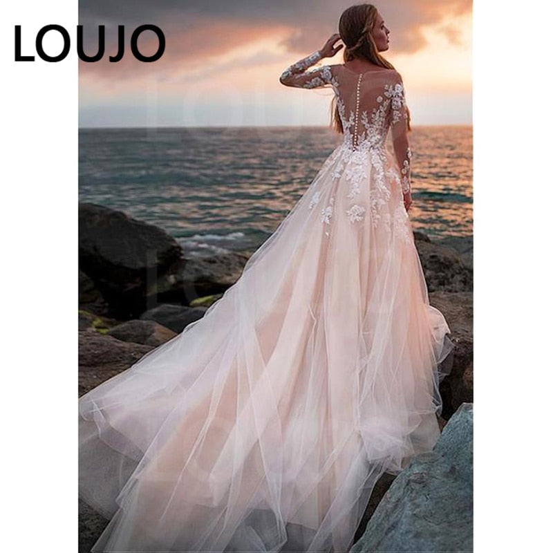 Illusion Long Sleeves A-line Lace Appliqued Ball Gown Wedding Gowns Boho Bridal Beach Wedding Dress The Clothing Company Sydney