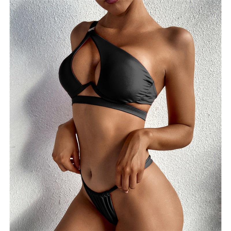 Hollow Out Swimwear Push Up Bikini One Shoulder Solid Thong Swimsuit 2 Piece Micro Bather Suit The Clothing Company Sydney