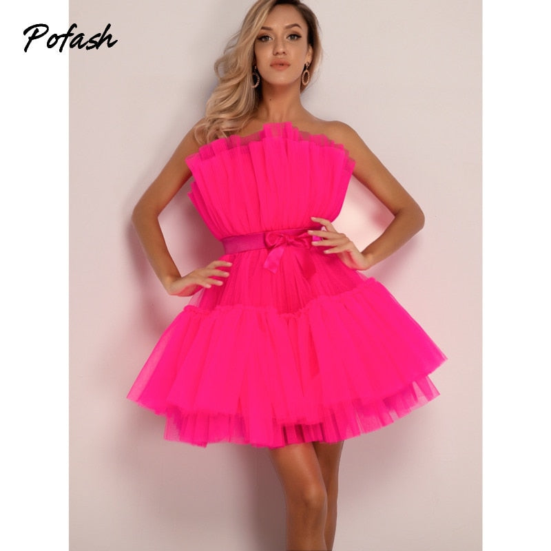 Mesh Solid Bow Mini Dress Women Layered Strapless Ball Gown Sexy Party Club Dress Backless Summer Dress The Clothing Company Sydney