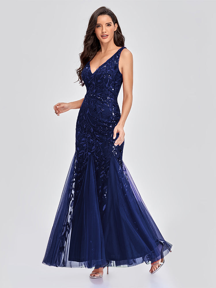 Sleeveless V-neck Tulle Sequins Cocktail V-back Mermaid Party Prom Gown Formal Occasion Embroidered Formal Dress The Clothing Company Sydney