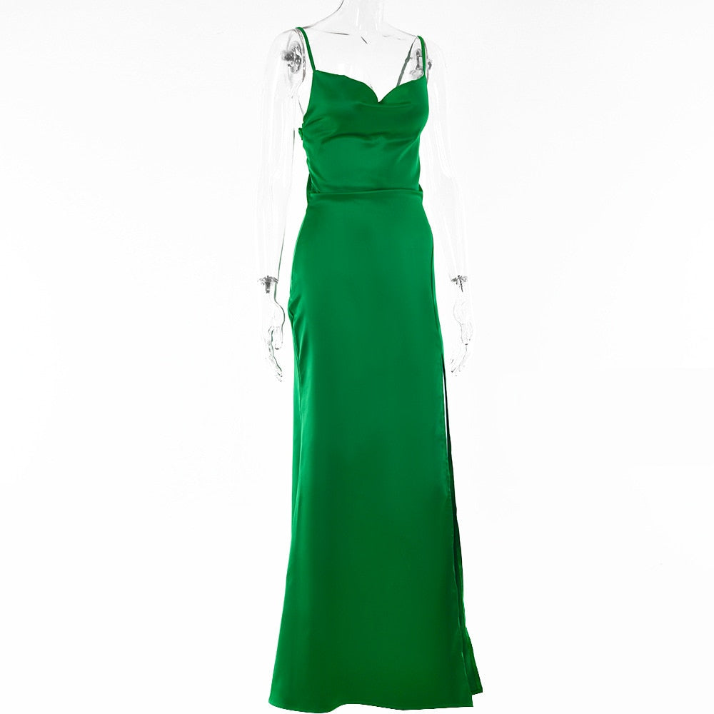 Silky Satin Elegant Slit Maxi Dress Backless Straps Gown Club Party Long Dresses The Clothing Company Sydney