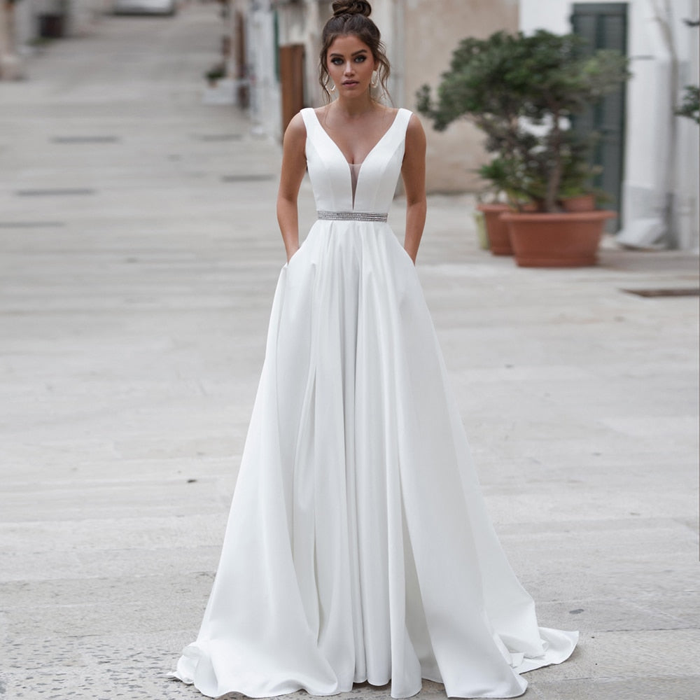 Elegant Satin Wedding V Neck Bride White Ivory Backless Wedding Gown Custom Made Dress The Clothing Company Sydney