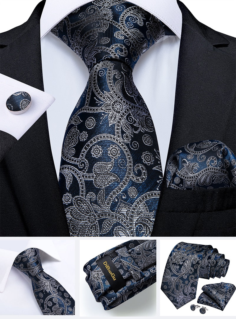 Classic 100% Silk Men's Ties 8cm Blue Plaid Dot Striped Business Necktie Handkerchief Wedding Party Tie Set The Clothing Company Sydney