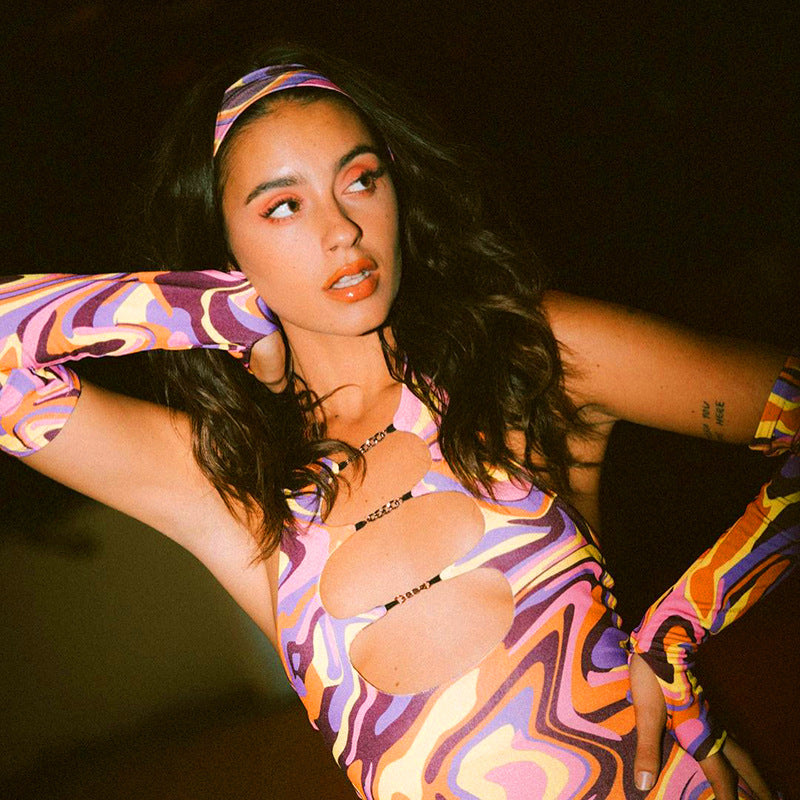 Print Halter Neck Cut Out Bodycon Mini Half Sleeve Backless Stretchy Summer Y2K Dress The Clothing Company Sydney