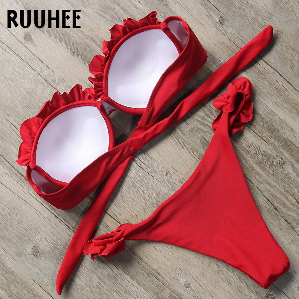 2 Piece Bandeau Bikini Swimwear Women Swimsuit Ruffle Bikini Set Push Up Bathing Suit Female Brazilian Leopard Swimsuit The Clothing Company Sydney