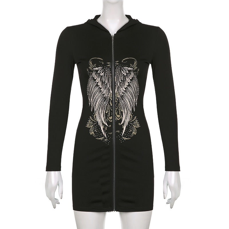 Gothic Grunge Fairycore Wings Printed Graphic Zipper Hooded Bodycon Dark Academia Autumn Mini Dresses Y2K Dress The Clothing Company Sydney