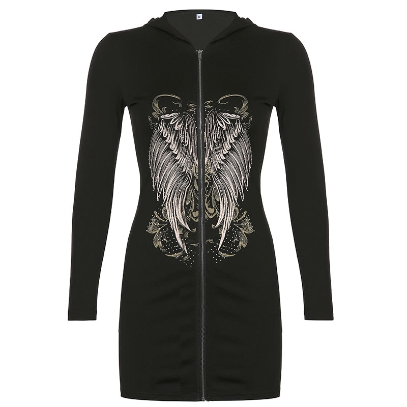 Gothic Grunge Fairycore Wings Printed Graphic Zipper Hooded Bodycon Dark Academia Autumn Mini Dresses Y2K Dress The Clothing Company Sydney