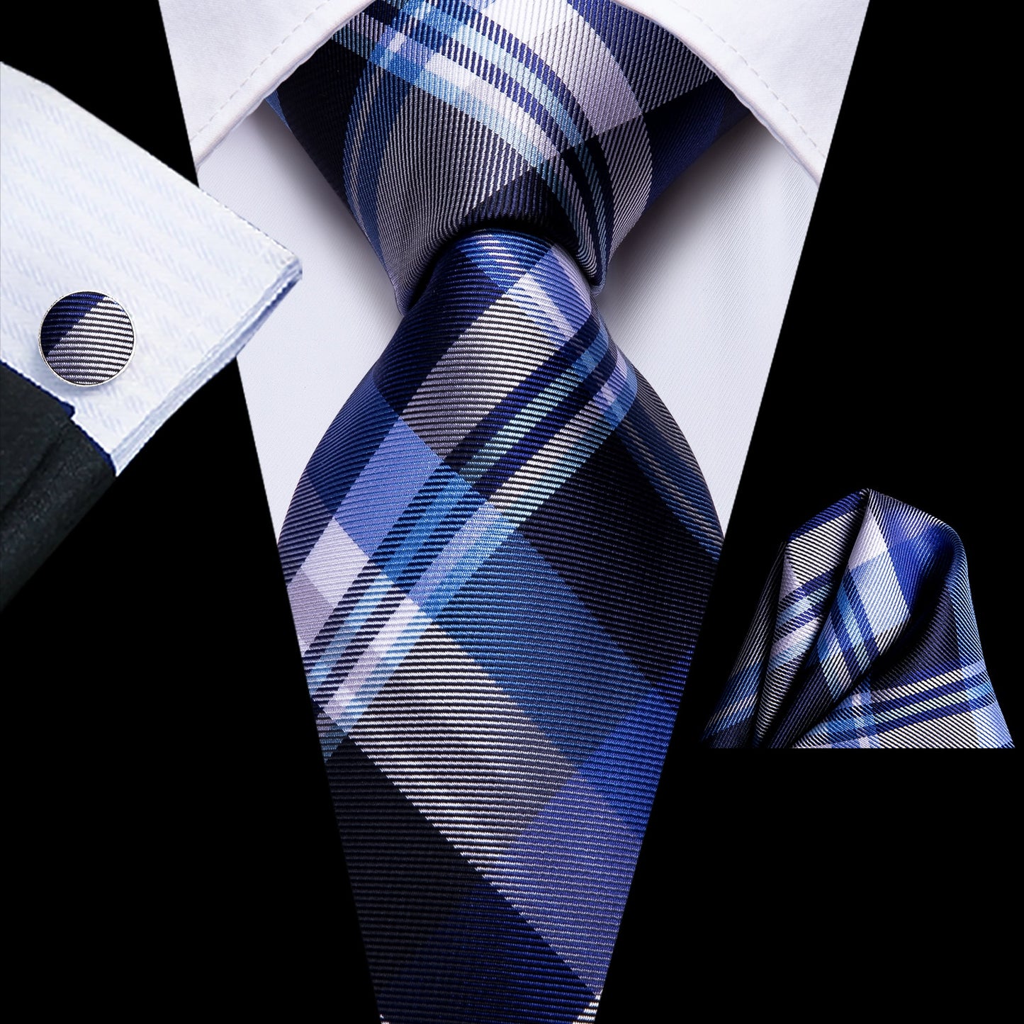 3 Piece Business Classic Blue Black Striped Solid Neck Tie Necktie Pocket Square Cufflinks Wedding Party Silk Tie Set The Clothing Company Sydney
