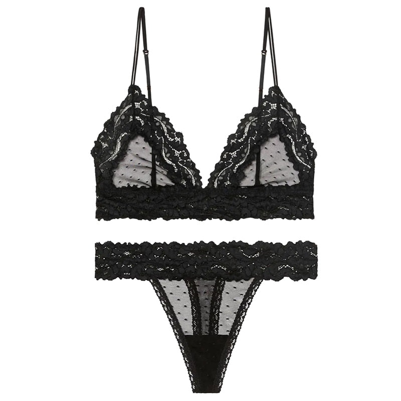 2 Piece Lingerie Set Lace Transparent Bra Set Dot Mesh Bralette Push Up Brassiere T Back Panties Sets Backless V Neck Bra The Clothing Company Sydney