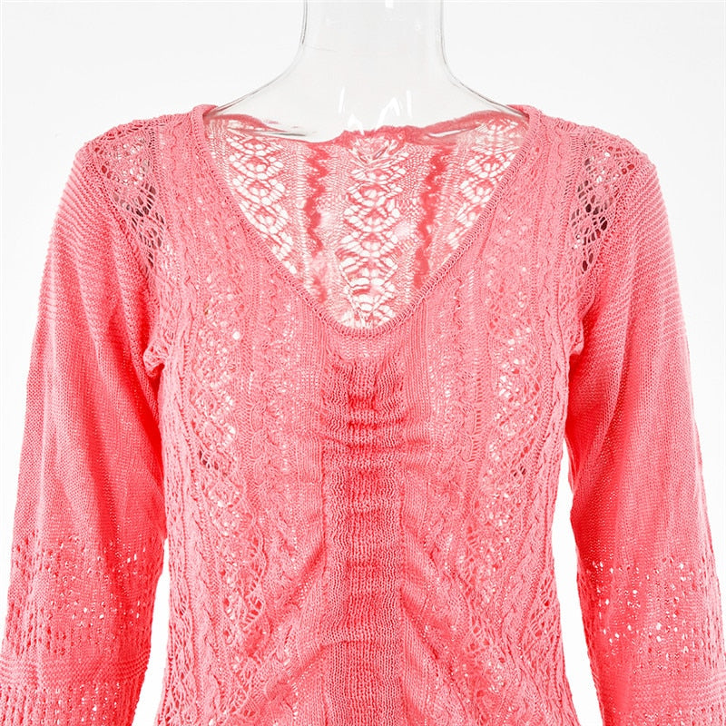 Knitted Hook Flower Hollow Out Drawstring Women Dress Blue Long Sleeve V-neck Dress Spring Slim Fashion Streetwear The Clothing Company Sydney