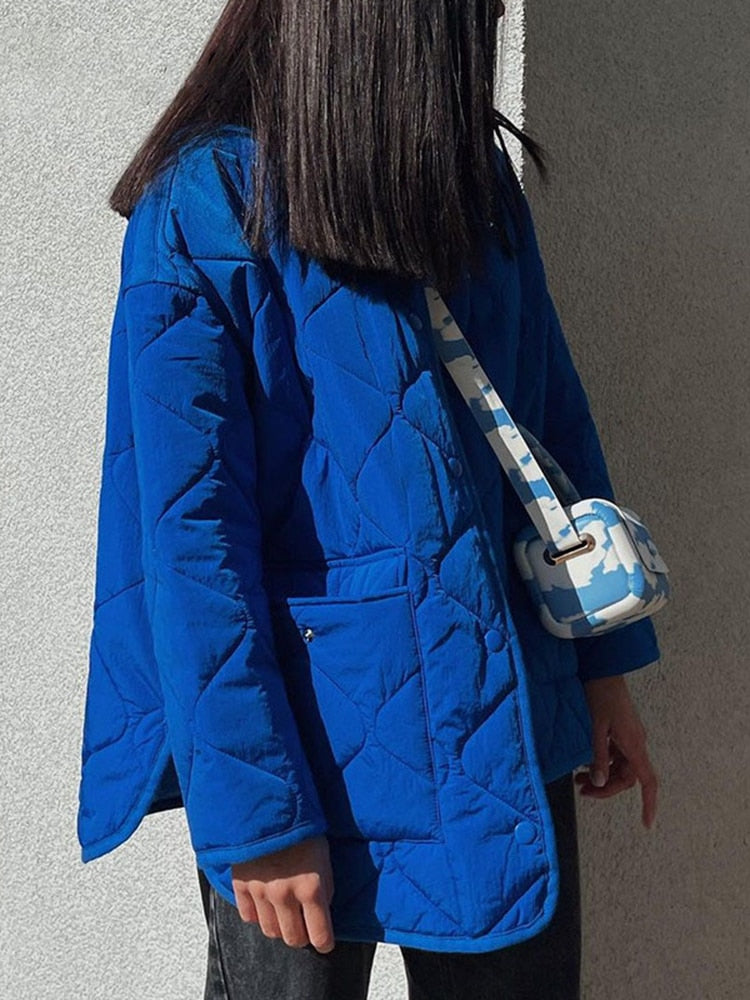 Women's Winter Blue Oversize Puffer Casual Fashion Warm Cotton Button Down Quilted Coat  Loose Jacket The Clothing Company Sydney