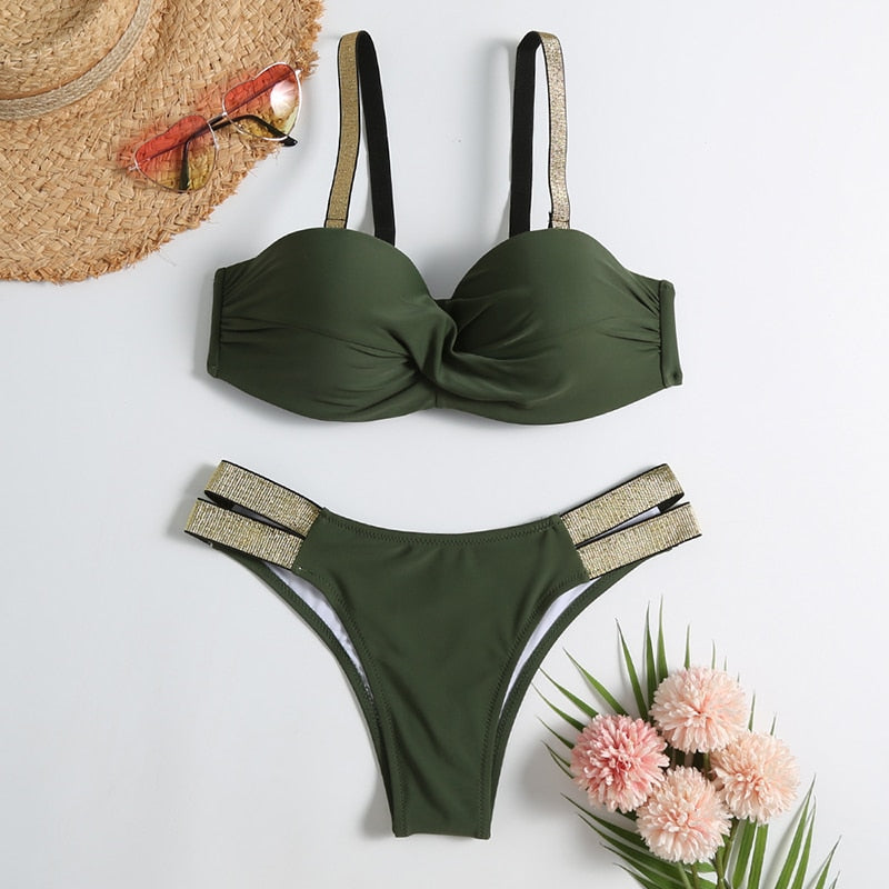 2 Piece Vintage Retro Bikini Patchwork Swimsuit Thong Brazilian Swimwear Summer Micro V-bar Green Bathing Suits The Clothing Company Sydney