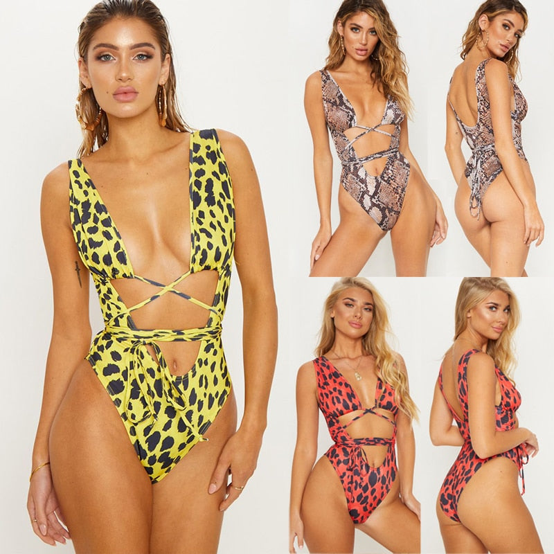 Summer One Piece Serpentine Leopard Printed Monokini Bandage Bathing Suit Push Up Padded Bikini Swimsuit Swimwear The Clothing Company Sydney