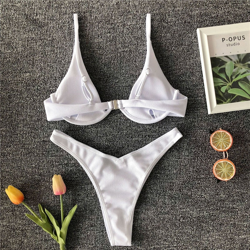 Neon V-bar Underwired Bikini Ribbed Swimsuit Women Thong Swimwear Two-pieces Bikini set Push up Bathing Suit The Clothing Company Sydney