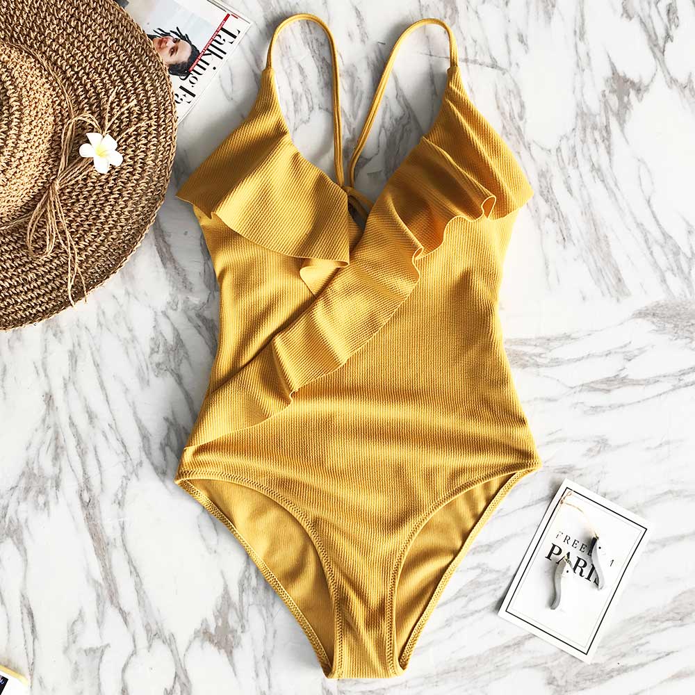 Solid One-piece Swimsuit Falbala V neck Ruffle Monokini Beach Bathing Suit Swimwear The Clothing Company Sydney