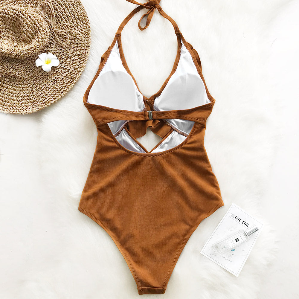 Solid One-piece Swimsuit Falbala V neck Ruffle Monokini Beach Bathing Suit Swimwear The Clothing Company Sydney