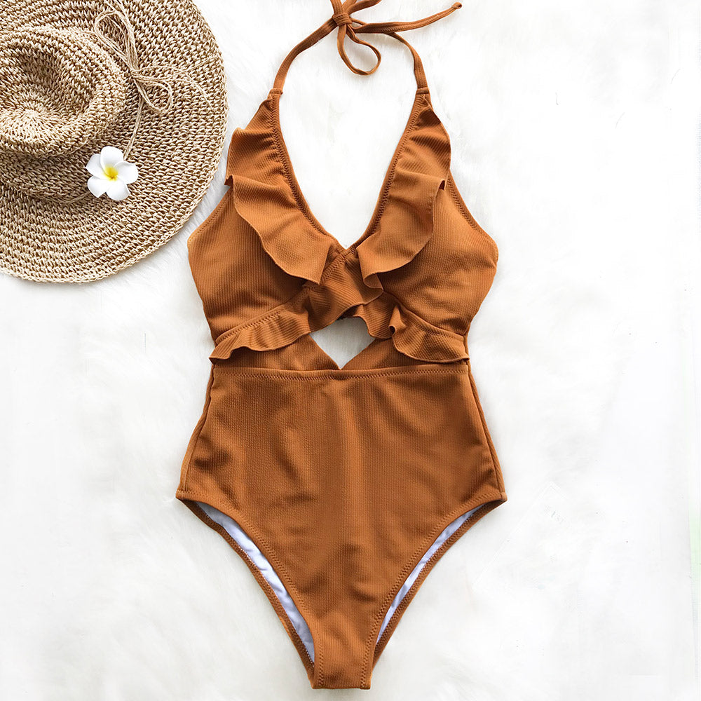 Solid One-piece Swimsuit Falbala V neck Ruffle Monokini Beach Bathing Suit Swimwear The Clothing Company Sydney