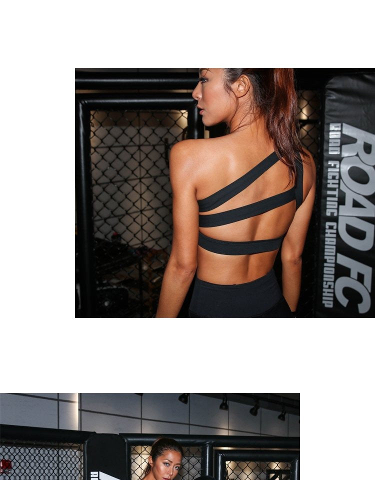 Oblique One Shoulder Strap Ladies Sports Bra Hollow out Back Lines Strenuous Exercise fitness bra Tops The Clothing Company Sydney