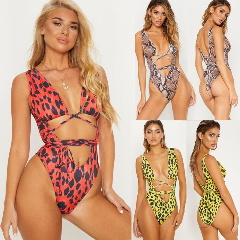 Summer One Piece Serpentine Leopard Printed Monokini Bandage Bathing Suit Push Up Padded Bikini Swimsuit Swimwear The Clothing Company Sydney