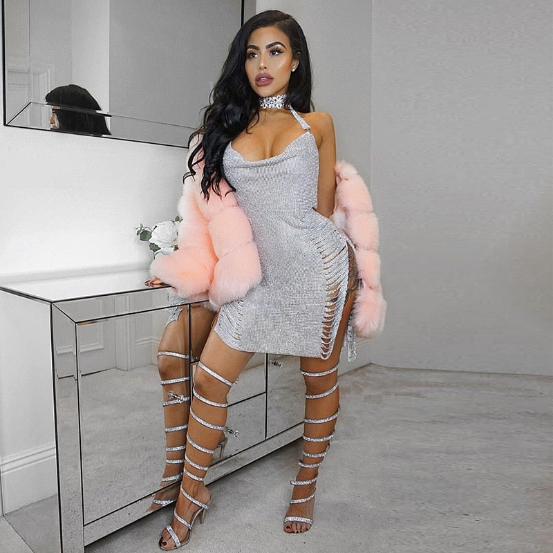 Gold Silver Rhinestone Tassel Chain Dress Women Hip High Split Luxury Party Halter Beach Nightclub Dress The Clothing Company Sydney