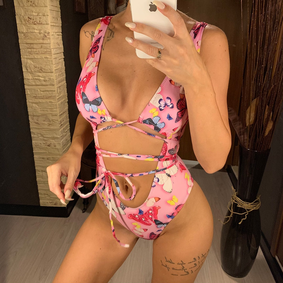 Bandage Wrap Around Tummy Cut Out Deep V Monokini One Piece Swimsuit Swimwear Bather Bathing Suit