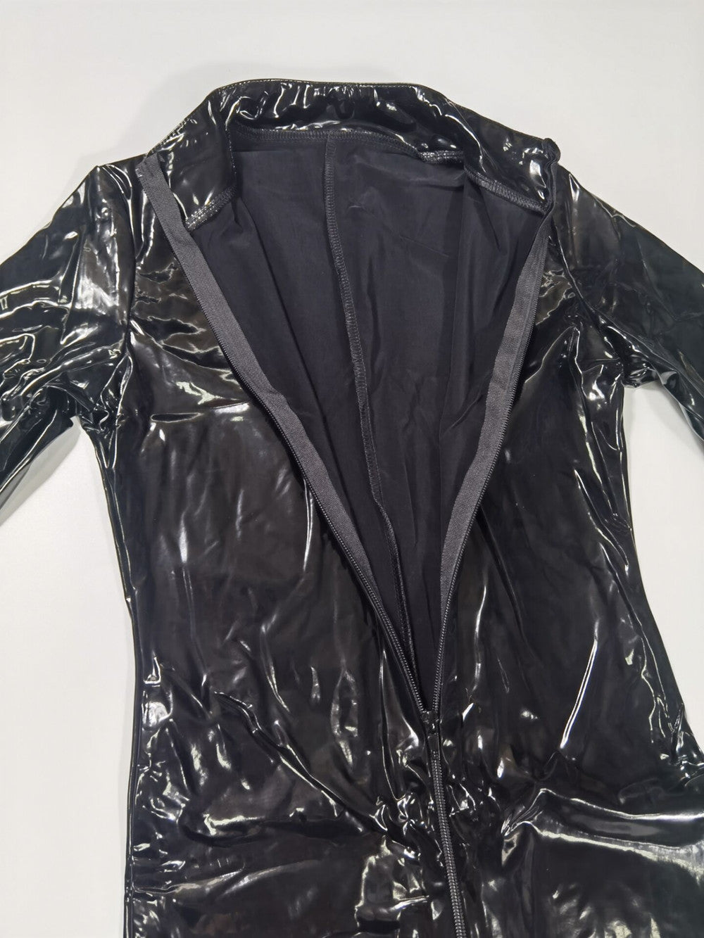 Black Red Wetlook Faux Leather Long Sleeve Pvc Catsuit Front Zipper Open Crotch Stretch Clubwear Overalls Jumpsuit The Clothing Company Sydney