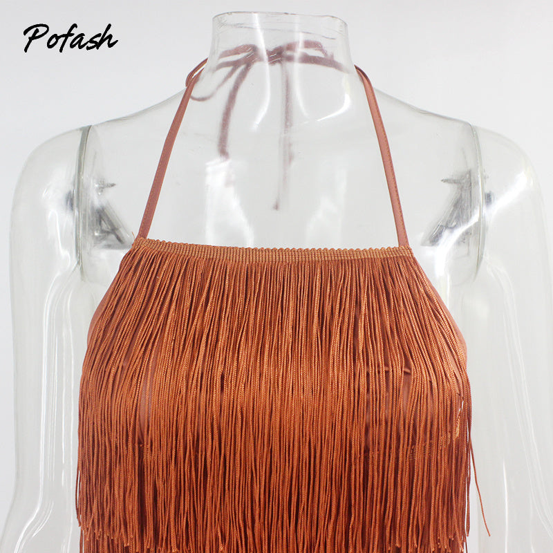 Solid Tassel Backless Playsuits Tie Halter Sleeveless Summer Club Party Rompers Slim Bodycon Jumpsuit The Clothing Company Sydney