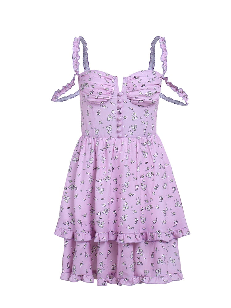 Ruffle Mini Dresses Floral Print Purple Button Sleeveless Y2K Women Casual Fashion Elegant Party Dresses The Clothing Company Sydney