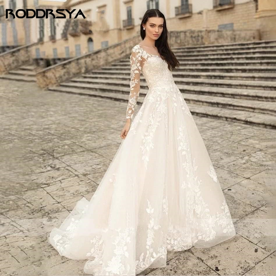 Elegant O-Neck Wedding Lace A-Line Boho Long Sleeves Wedding Bride Gowns Dress The Clothing Company Sydney