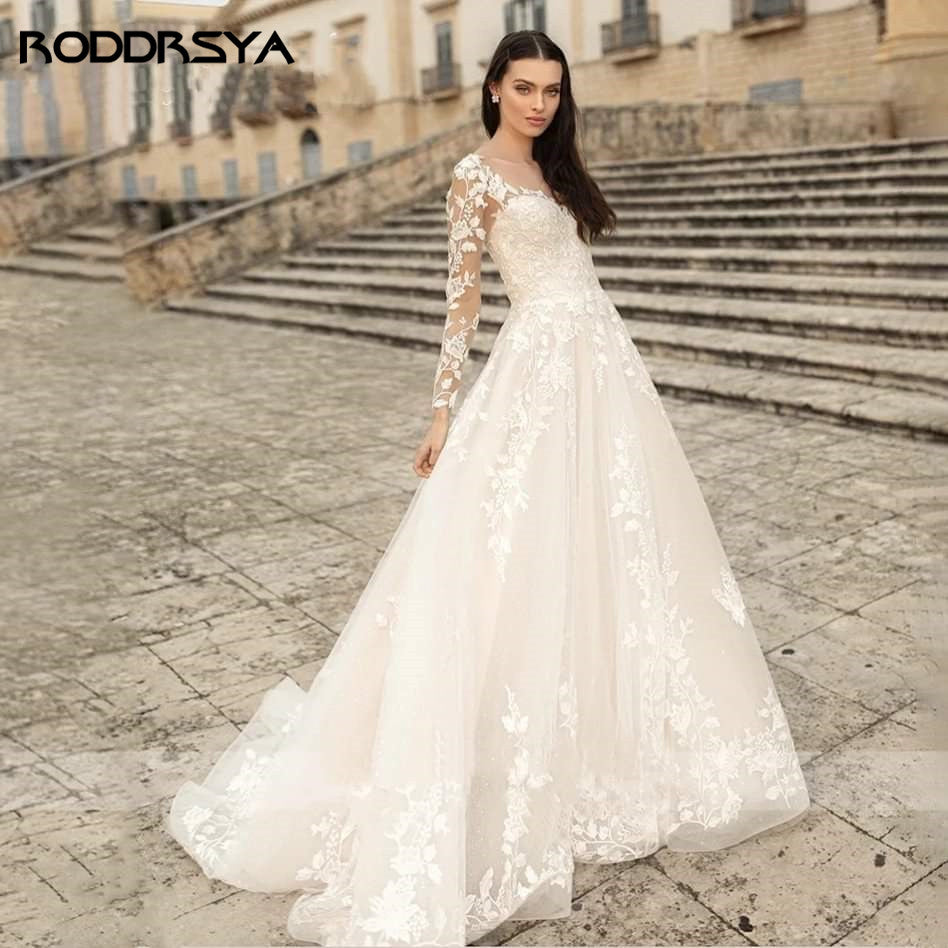 Elegant O-Neck Wedding Lace A-Line Boho Long Sleeves Wedding Bride Gowns Dress The Clothing Company Sydney