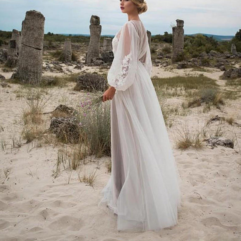 Summer Long Tulle Dress Long Sleeve Embroidery Wedding Vocation White Lace Maxi Tunic Beach Dress The Clothing Company Sydney