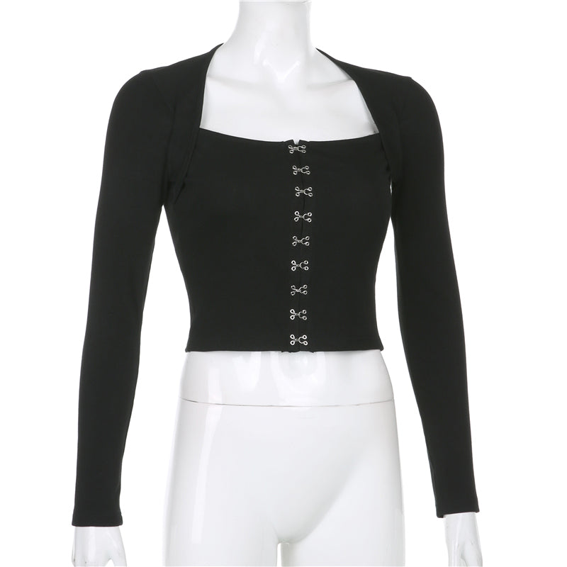 Streetwear Square Neck Hook Cotton Aututmn T-shirts Bodycon Gothic White Crop Tops Tees Long Sleeve T shirt The Clothing Company Sydney