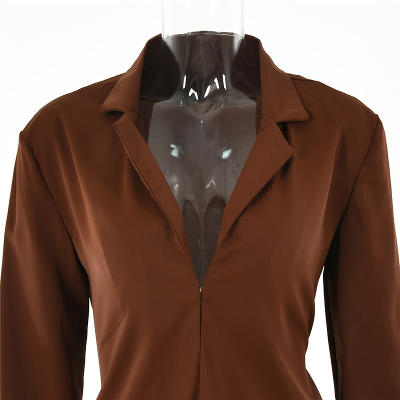 Turn-down Collar Button Two Piece Set Brown Long Sleeve Top High Waist Skirt Women Autumn Slim Office Outfits The Clothing Company Sydney