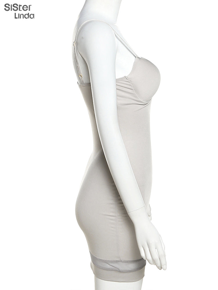 Casual Mesh Bodycon Mini Dress Women Romper  Sleeveless Skinny Stretchy Deep V Neck Party Clubwear Trend Outfit The Clothing Company Sydney