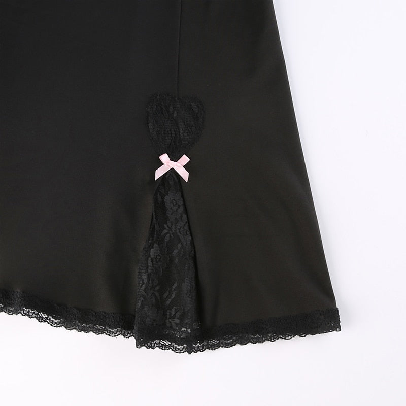 Y2K Retro Lace Patchwork Strap Bow Black Dress Mini Fashion Aesthetic Bow Club Party Dresses for Women Outfits The Clothing Company Sydney