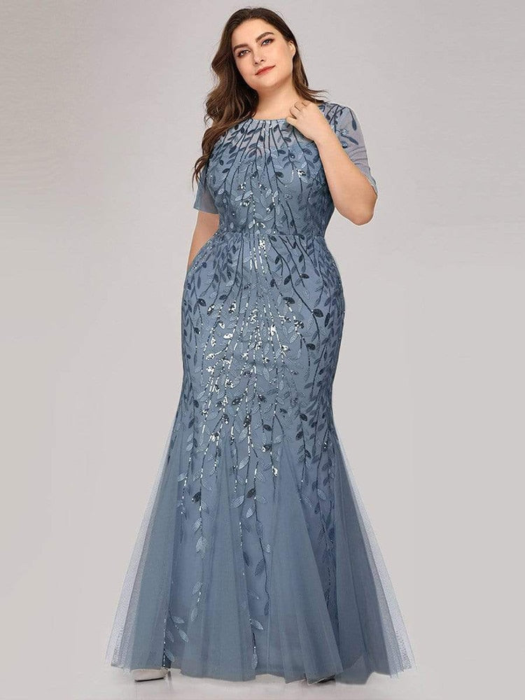 Plus Size Sequin Mesh Mermaid Slim Evening Beaded Leaves Pattern Formal Elegant Party Prom Gowns Short Sleeve Dress The Clothing Company Sydney
