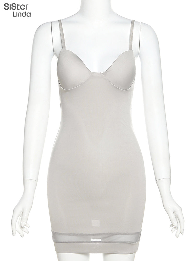 Casual Mesh Bodycon Mini Dress Women Romper  Sleeveless Skinny Stretchy Deep V Neck Party Clubwear Trend Outfit The Clothing Company Sydney